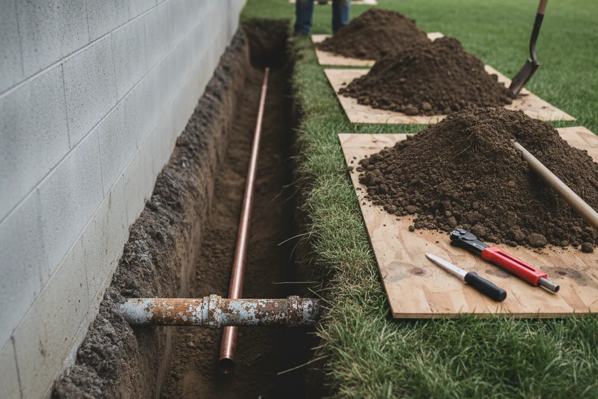 Excavated water line trench during Water Heater Repair in Millersview